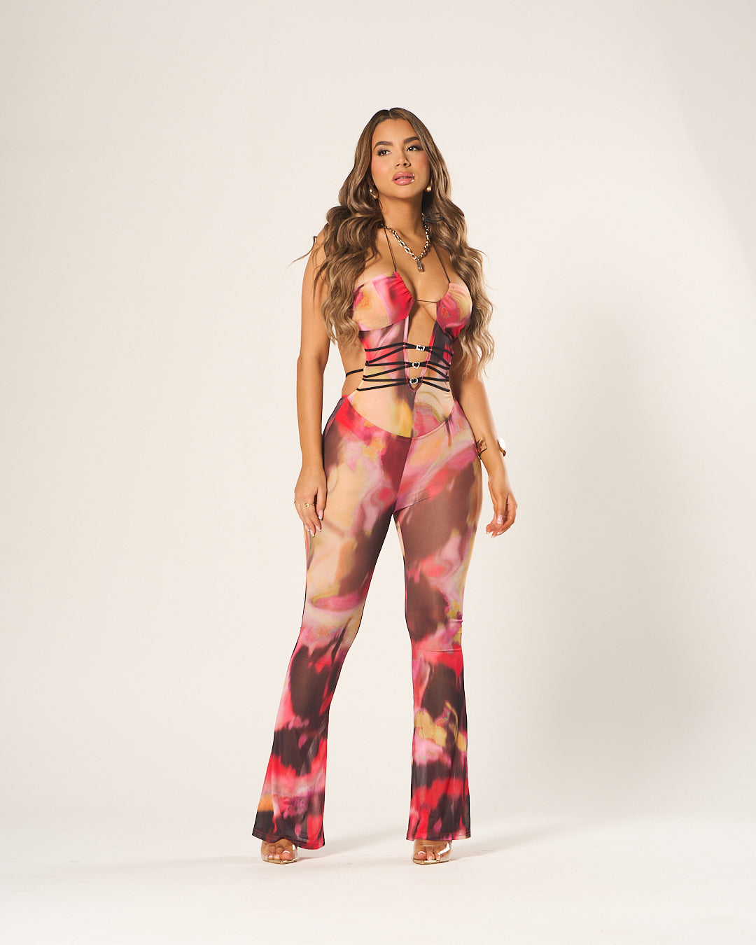 Jumpsuit with Corset-Style Front Detail with Heart Details and Elastic Adjusters