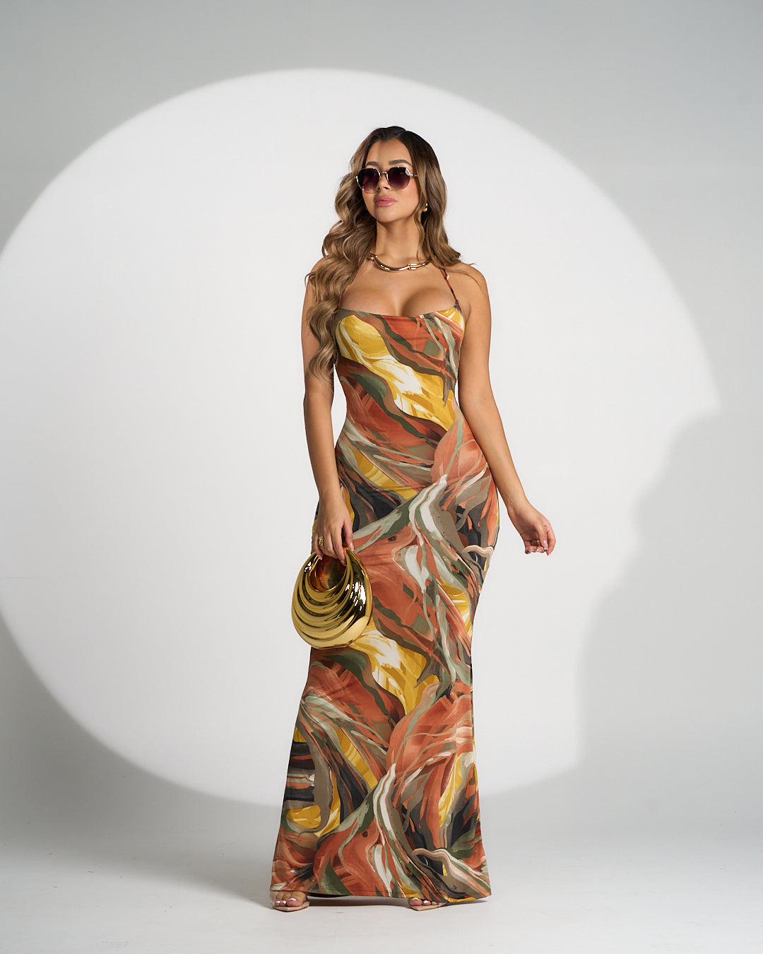 Long Multicoloured Dress with a Smooth Drape and Open Back