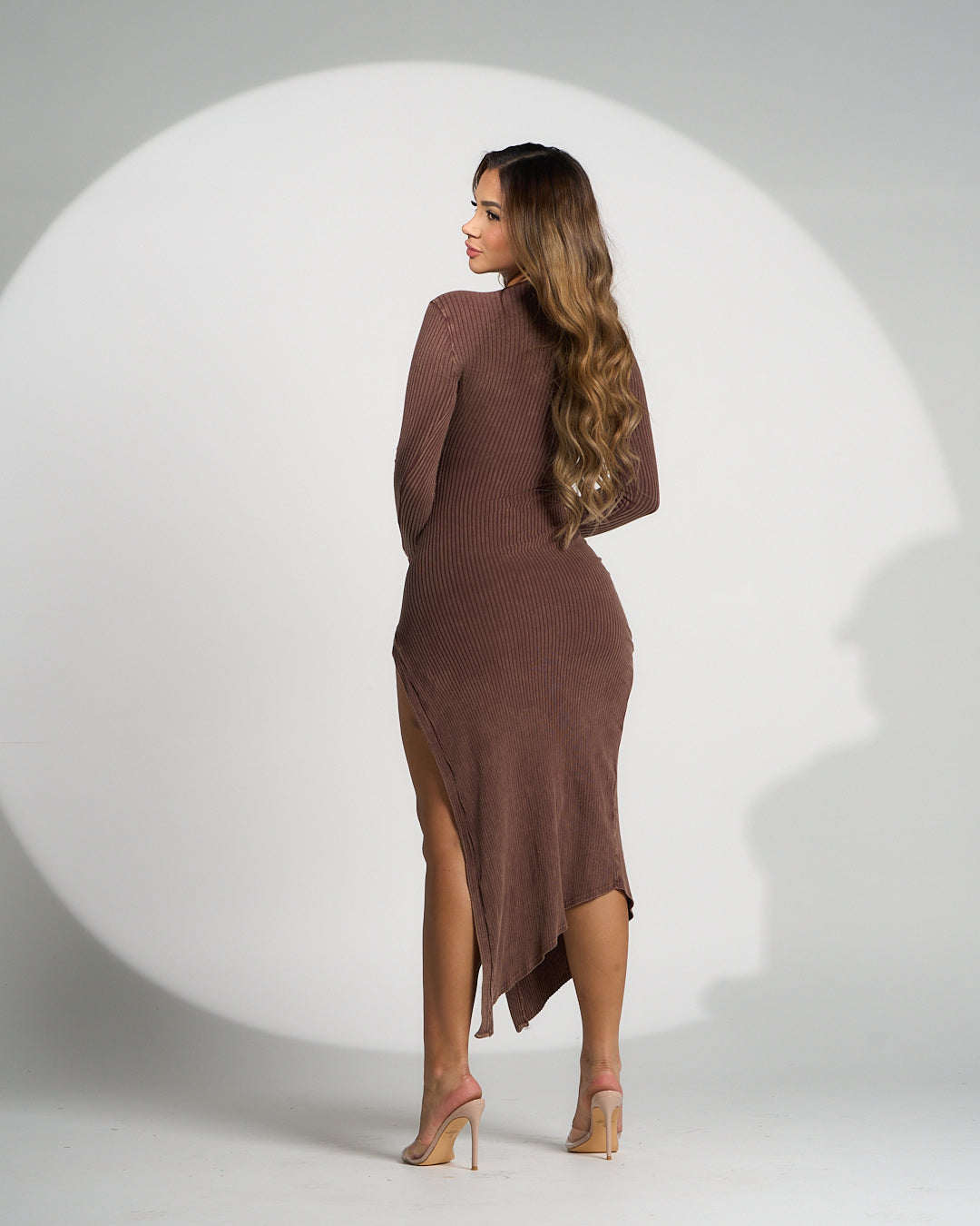 Long Dress with Microline Texture and Side Slit at the Bottom